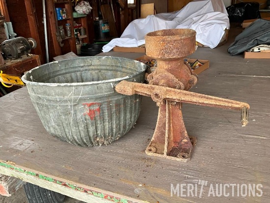 Cast iron grist mill/grinder and galvanized half-bushell basket