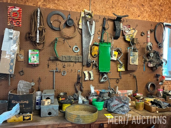 Contents of shelf & wall, hardware, saws, electrical items