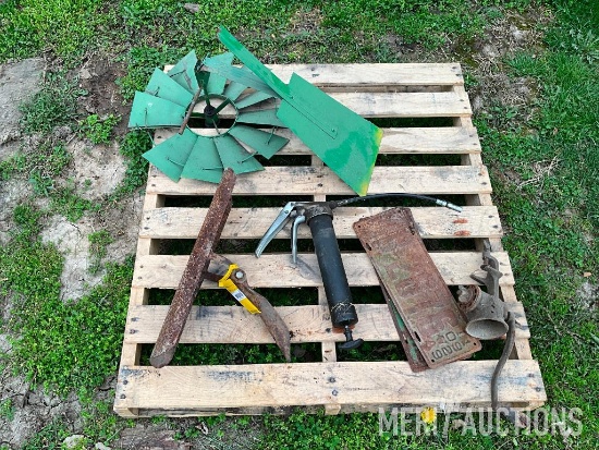 Pallet to include, vintage meat grinder, windmill top etc