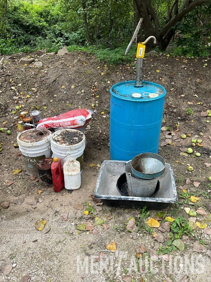Assortment of Varnish, Funnels, Pans, and Barrel with Hand Pump