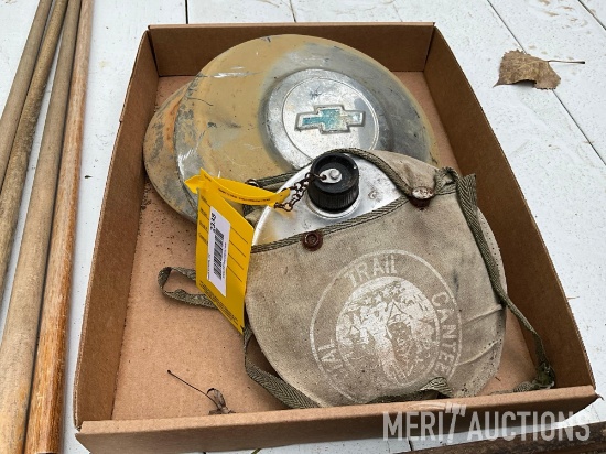 (2) Chevy Hubcaps and Trail Canteen