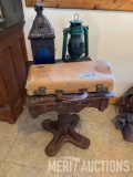 Ornate Side Table, Vintage Suitcase, and (2) Lanterns