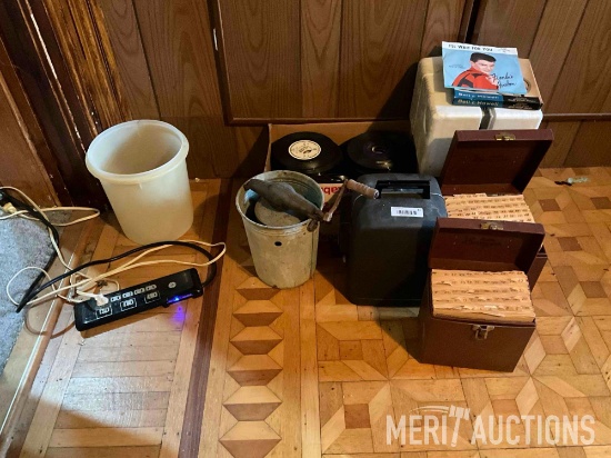 Records, projectors, projector screen, ice cream freezer, etc