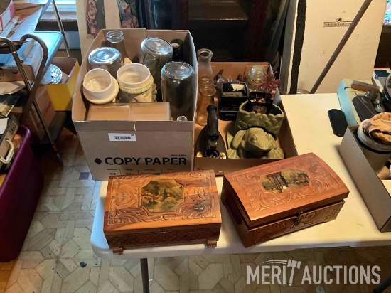 Bowman milk bottle, Gustafson Bros. Dairy milk bottle, jewelry box, boxes of milk bottles, iron,