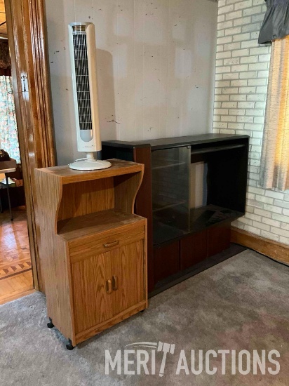 Entertainment center, microwave cart, oscillating fan