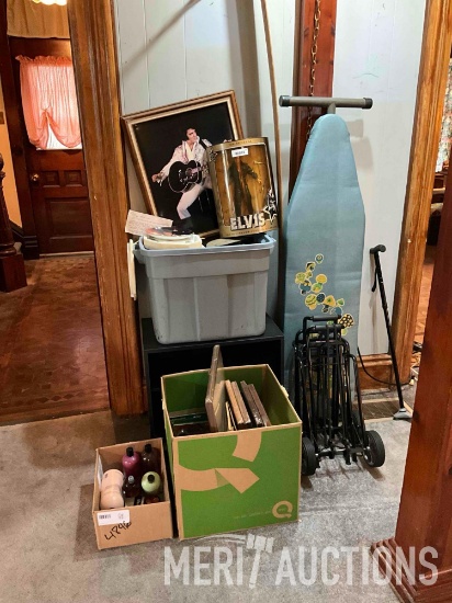 Modern wooden shelf, picture frames, Elvis memorabilia, (2) Elvis Plates, iron board, luggage carts