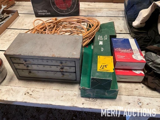 Quantity of drill bits, sand paper, tach cloth, etc.