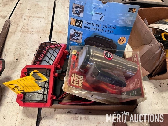 Flat of clamp on 110 house lights, hot mug, DVD case