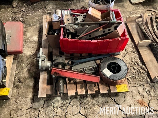 Pallet of automotive parts, hardware, roll of copper welding wire