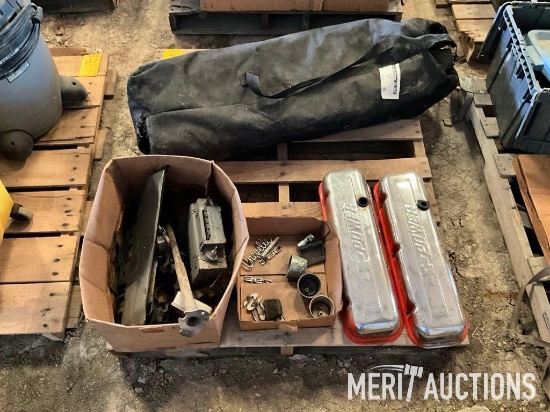 Pallet of automotive items and Cabela's XL cot