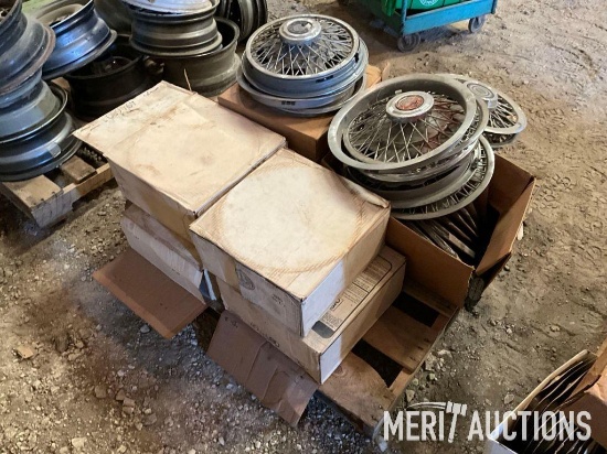 Pallet of hub caps, steel wheels