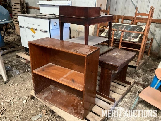 2 tier wood book shelf, end tables etc.