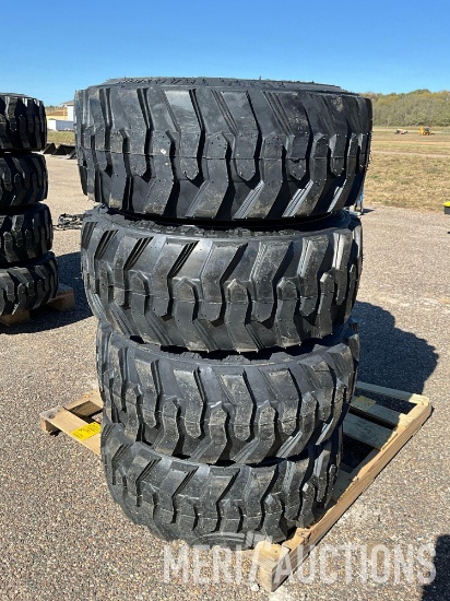 Set of 4 Forerunner 12-16.5 N.H.S. Skidsteer Tires Mounted on Orange 8 Bolt Wheels