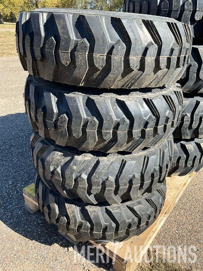Set of 4 Forerunner 10-16.5 N.H.S. Skidsteer Tires Mounted on Yellow 8 Bolt Wheels