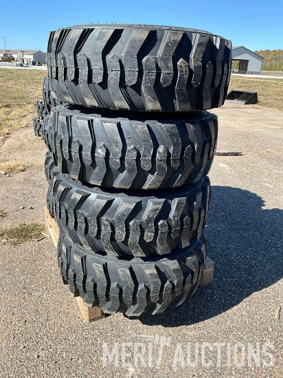 Set of 4 Forerunner 12-16.5 N.H.S. Skidsteer Tires Mounted on Yellow 8 Bolt Wheels