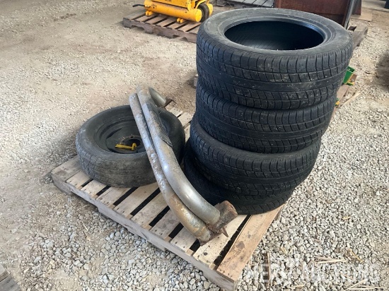 Pallet of running boards and tires as pictured