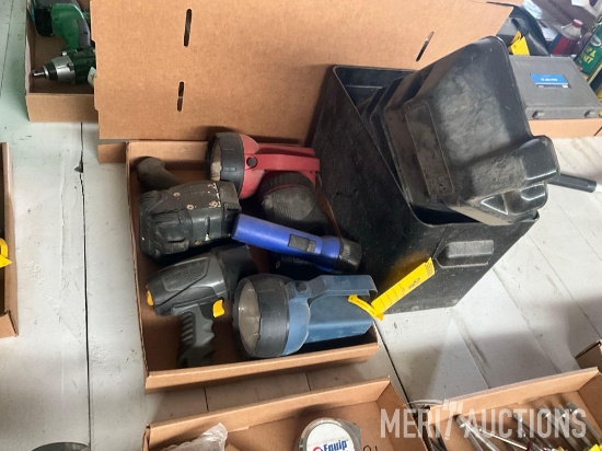 flat of flashlights and a battery box