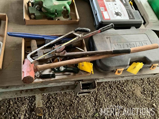 flat of various tools and sledge hammer