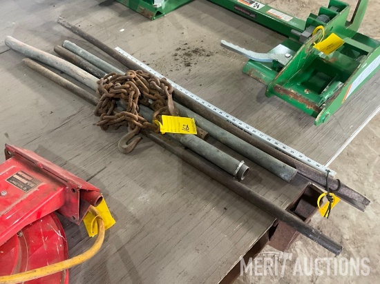 bulk lot of pry bars, cheater pipes, and log chain