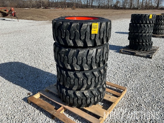 Set of 4 New Forerunner SKS-1 12-16.5 N.H.S. Skidsteer Tires Mounted on Orange 8 Bolt Wheels
