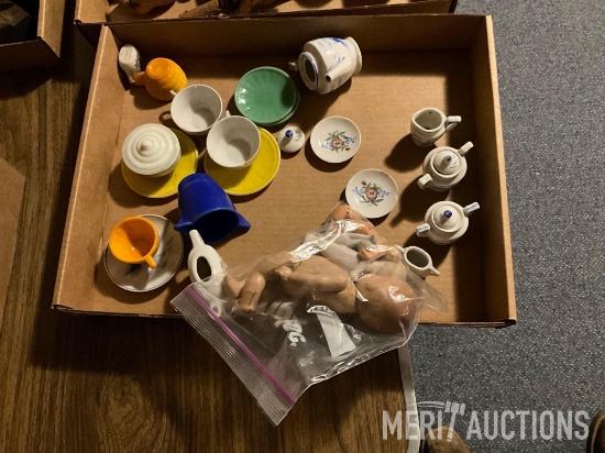Flat of childrens china dishes and porcelain dolls