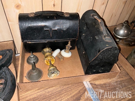 Flat of vintage lunch boxes and door knobs