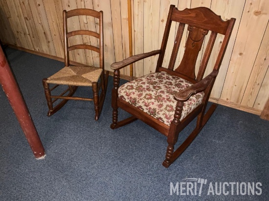 Vintage rush seated sewing rocker and another rocker