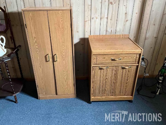 Wooden microwave cart and small pantry as pictured