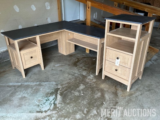 Oak veneer computer desk and matching cabinet