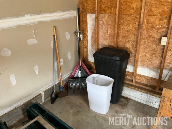 Bulk lot of lawn tools and trash cans as pictured