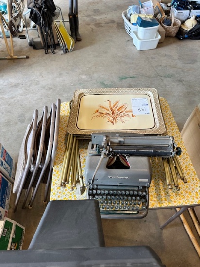 CARD TABLE AND CHAIRS, TV TRAYS, TYPE WRITER