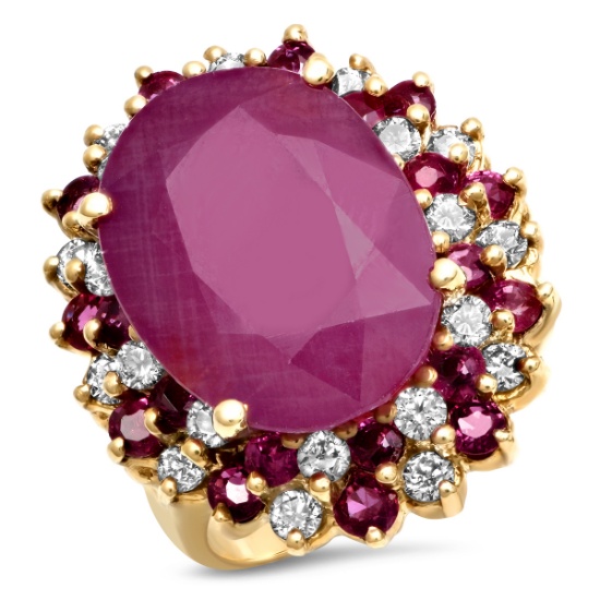 14K YELLOW GOLD 12.30CT RUBY 1.00CT DIAMOND 2.00CT SIDE RUBY RING