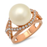 14K YELLOW GOLD AUTHENTIC PEARL 0.75CT DIAMOND RING