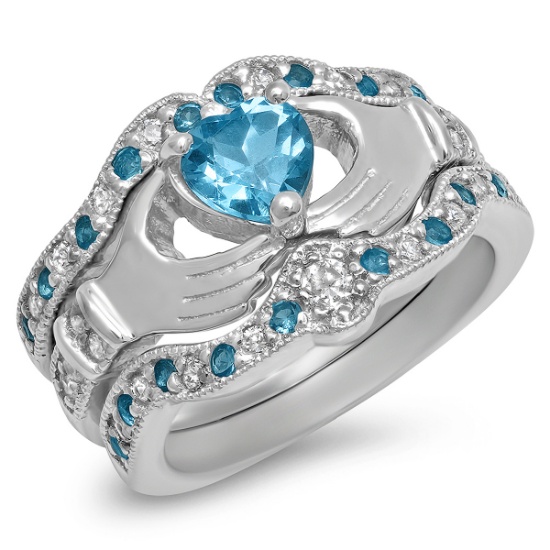 14K WHITE GOLD 3 PIECE CLADDAH RING 1.50CT BLUE TOPAZ 0.50CT DIAMOND RING