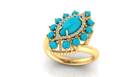 14K YELLOW GOLD 20CT TURQUOISE 2.00CT DIAMOND ETERNITY RING