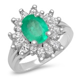 14K WHITE GOLD 1.30CT COLUMBIAN EMERALD 1.25CT DIAMOND RING