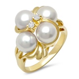 14K YELLOW GOLD 4 PEARL 0.15CT DIAMOND RING