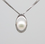 14KT WG 7-8MM FRESH WATER PEARL & DIAMOND PENDANT