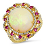 14K YELLOW GOLD 4.67CT OPAL 0.77CT DIAMOND 0.75CT RUBY RING