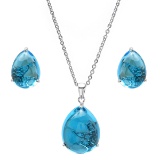 14K WHITE GOLD 25.00CT BLUE CABOCHON LONDON TOPAZ EARRING & PENDANT SET