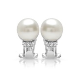 14K WHITE GOLD 9.6MM PEARL 0.25CT DIAMOND EARRINGS