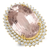 14K YELLOW GOLD 82.67CT KUNZITE 3.00CT DIAMOND RING