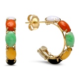 14K YELLOW GOLD JADE, CORAL, OPAL, MULTI STONE EARRINGS