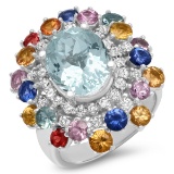 14K WHITE GOLD 4.00CT AQUAMARINE 4.00CT SAPPHIRE 0.80CT DIAMOND RING