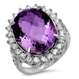 14K WHITE GOLD 15.00CT AMETHYST 2.00CT DIAMOND RING