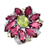 14K WHITE GOLD 5.00CT GARNET 2.55CT PERIDOT 0.80CT DIAMOND RING