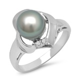 14K WHITE GOLD 8.5MM PEARL 0.65CT DIAMOND RING