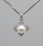 14KT WG 6-7MM FRESH WATER PEARL & DIAMOND PENDANT