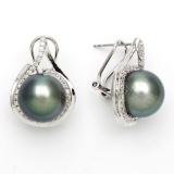 14KT WG 11-12MM TAHITIAN & DIAMOND EARRING