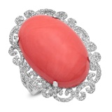 14K WHITE GOLD 28.00CT CORAL 0.80CT DIAMOND RING